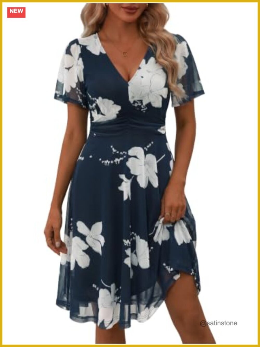 Women's V Neck Elastic Mesh Summer Wedding Guest Dress Ruffle Sleeve Midi